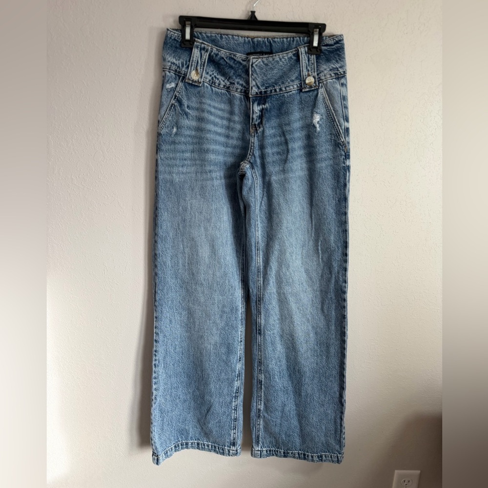 Sincerely Jules Mid Wash Blue Denim Wide Leg Mid Rise Jeans Womens 25